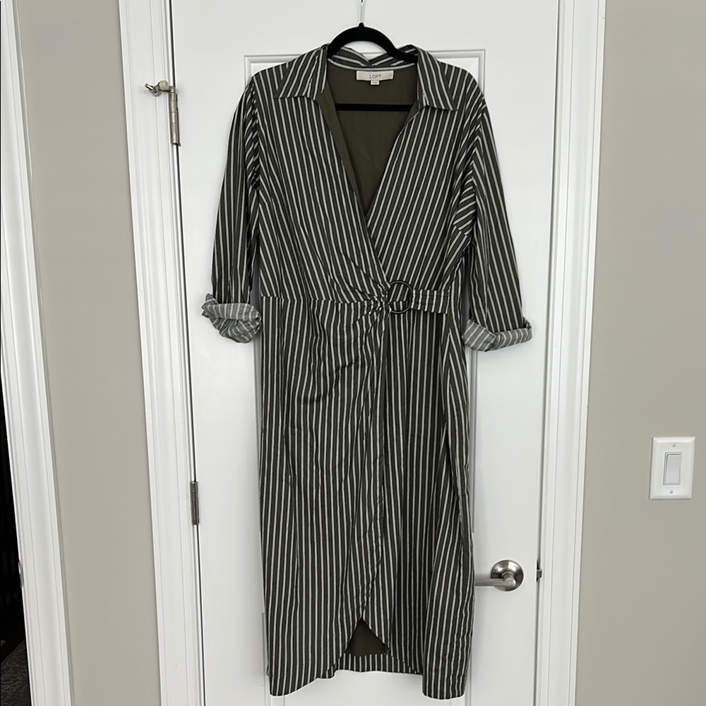 LOFT Green and White Wrap Dress with Plunge Neckline